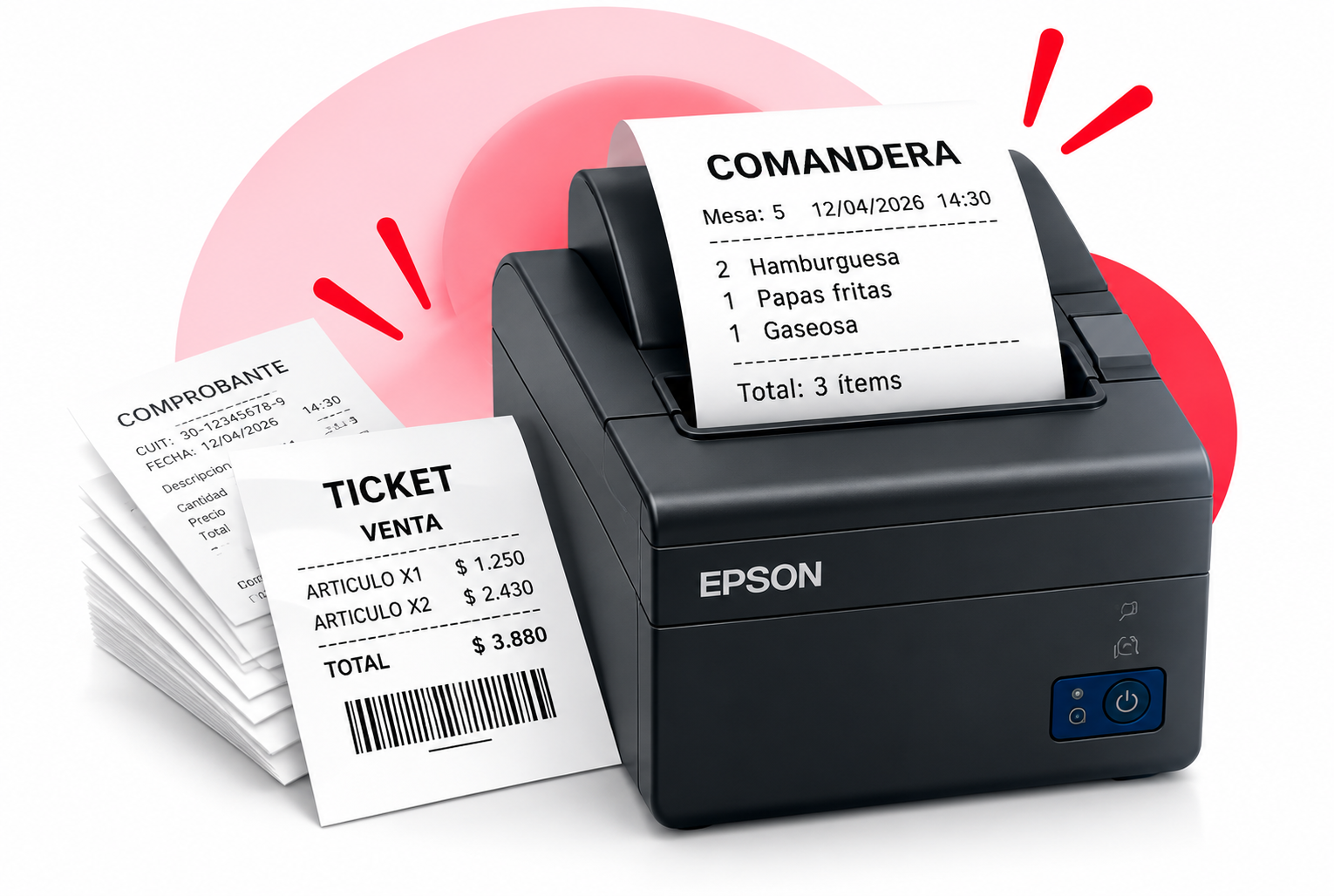 Impresora térmica con tickets y comprobantes emitidos desde el sistema ERP PowerProcess.