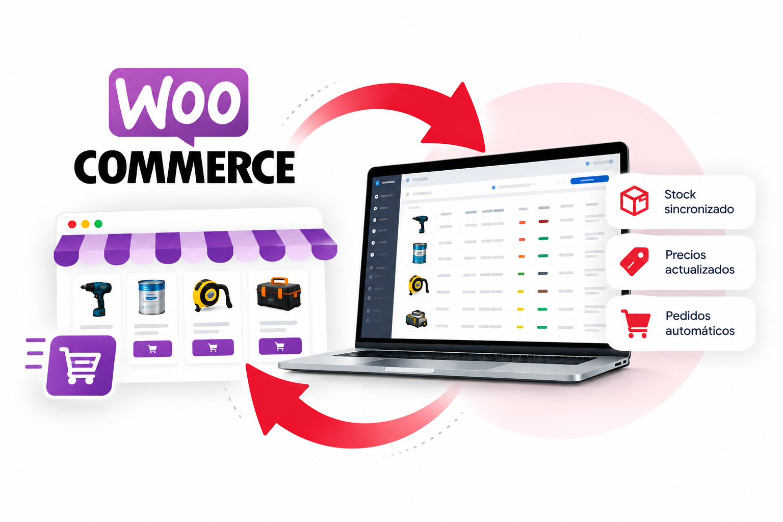 Integración de WooCommerce con el sistema de gestión ERP PowerProcess para sincronizar stock, precios y pedidos.