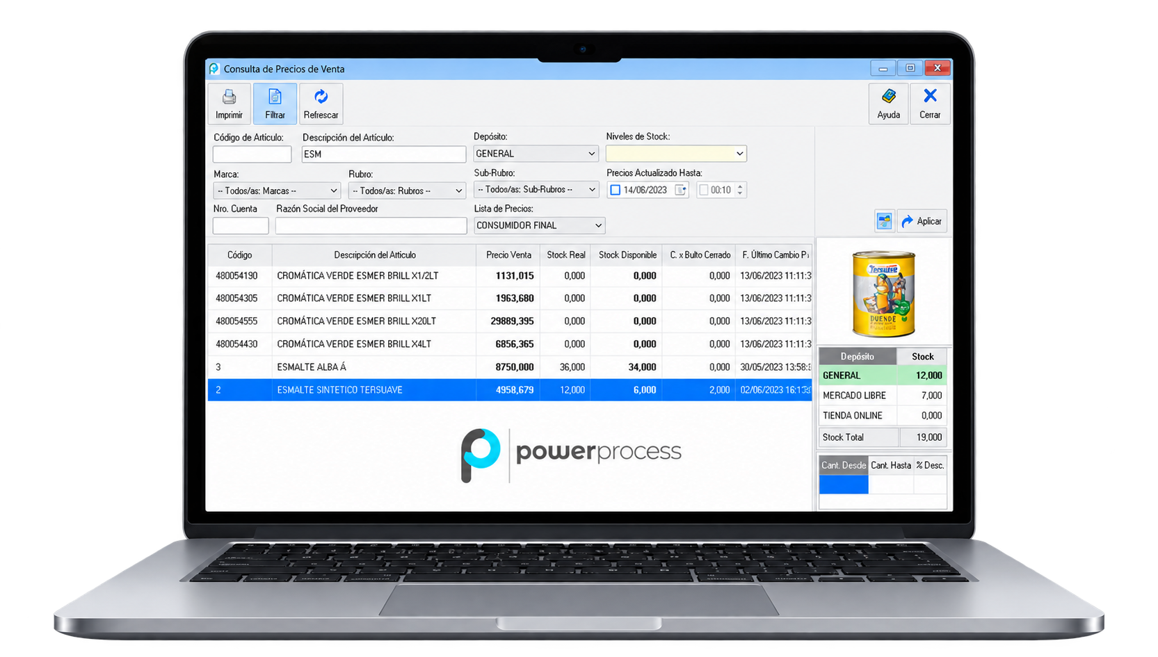 Sistema de gestión ERP PowerProcess para administrar ventas, stock, compras y precios.