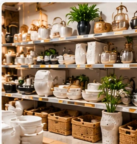 Estanterías de bazar con vajilla, artículos de cocina y decoración