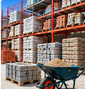 Depósito de corralón con bolsas de cemento, ladrillos y materiales de construcción