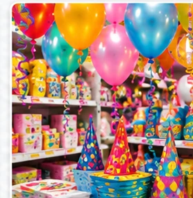 Local de cotillón con globos de colores y artículos para fiestas