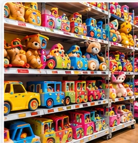 Juguetería con peluches, juguetes y juegos infantiles en exhibición