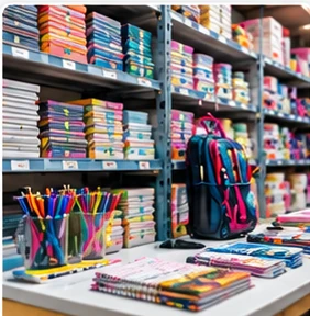 Librería comercial con cuadernos, mochilas y útiles escolares